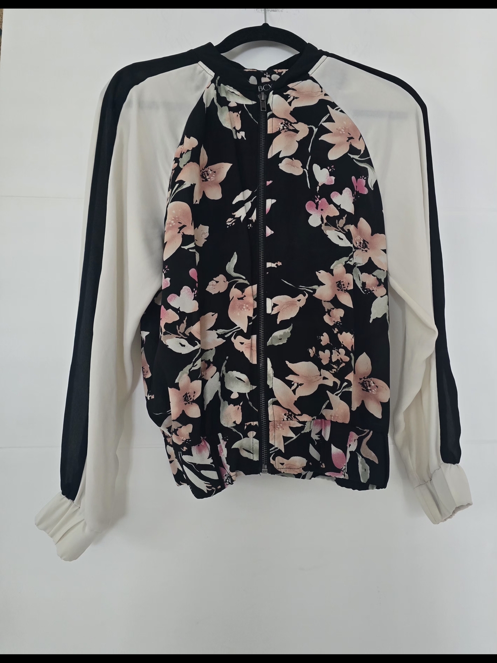 BCX Women's Floral Bomber Jacket Size M Black Pink White Full Zip Lightweight
